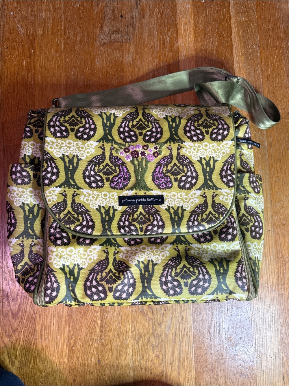 Petunia Pickle Bottom Olive Green Printed Messenger Bag with Pink Accents